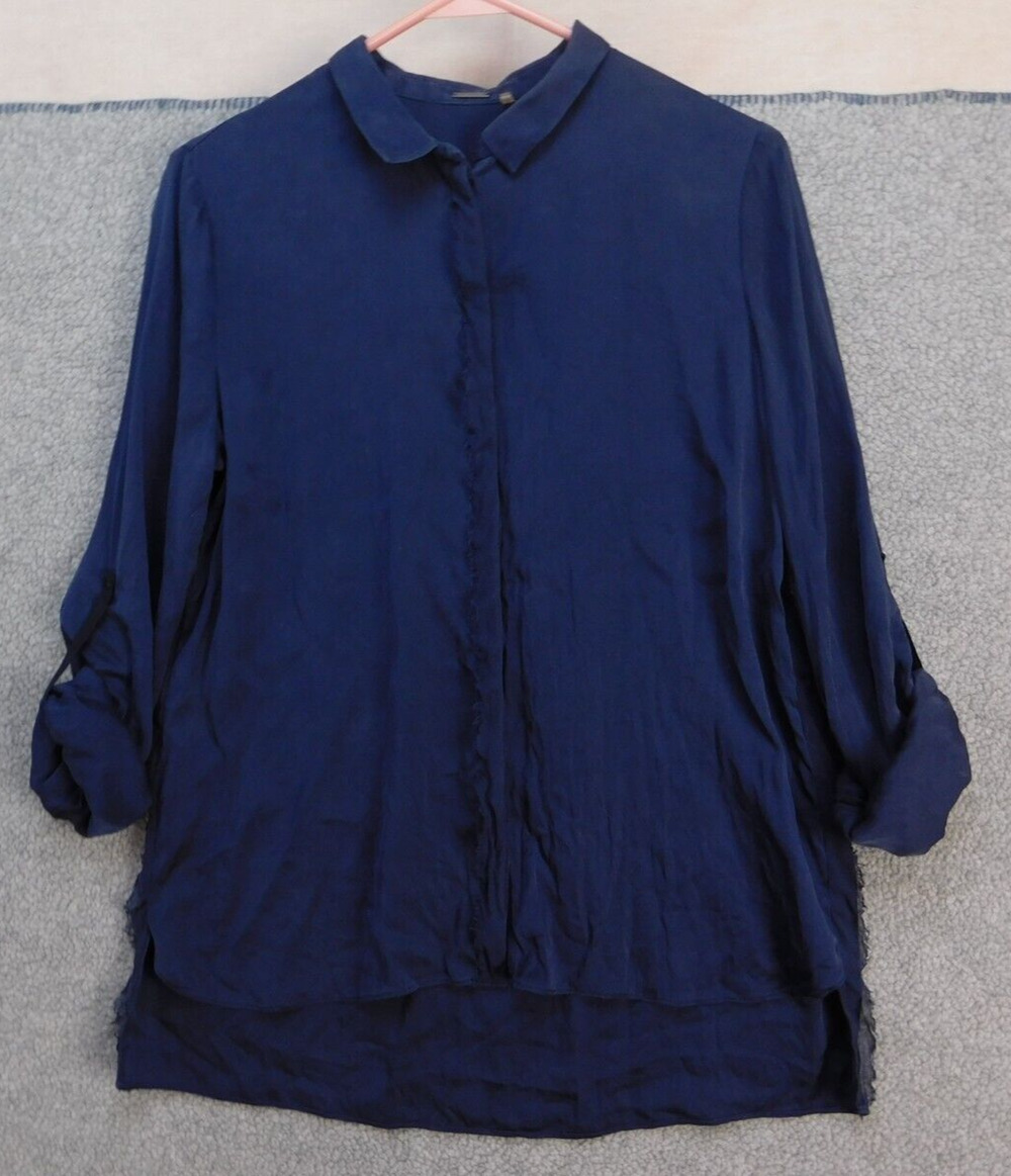 Elie Tahari Silk Top Women's S Navy Collared Long Sleeve Roll Tab Button Down